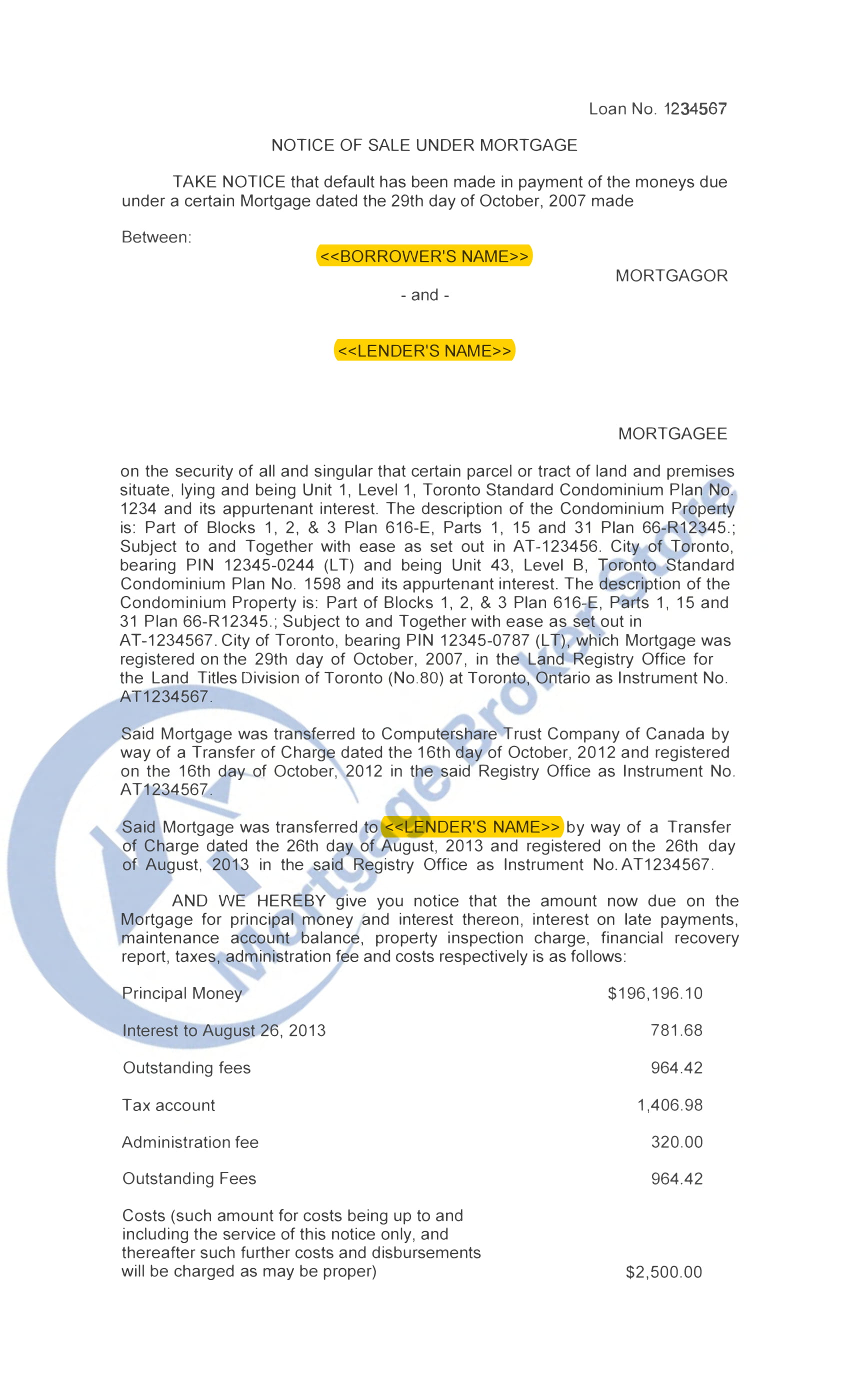 power of sale notice of sale document