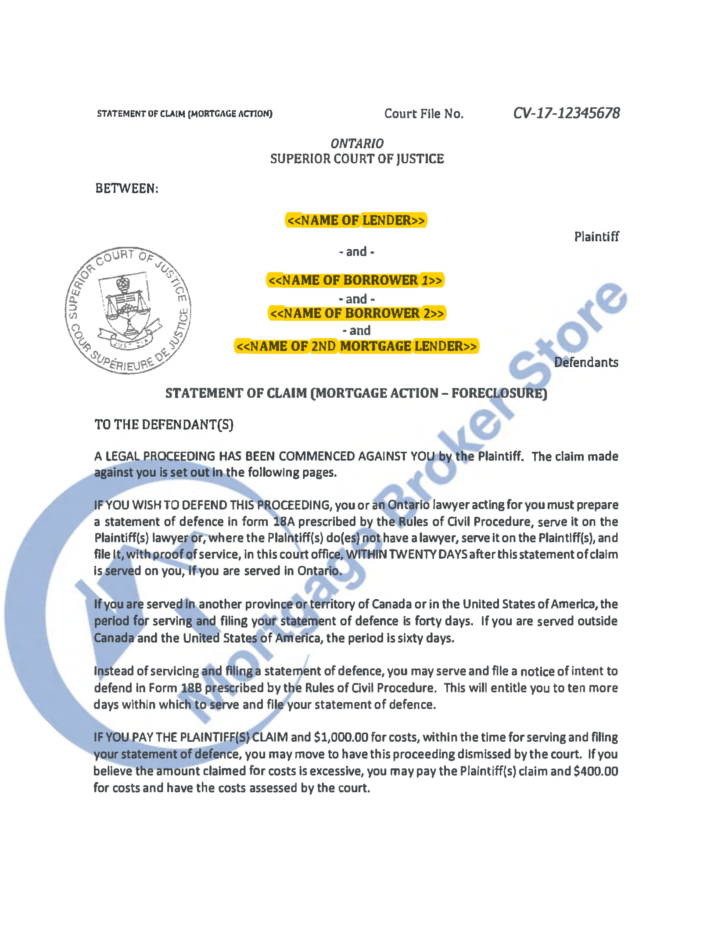 statement of claim for foreclosure document