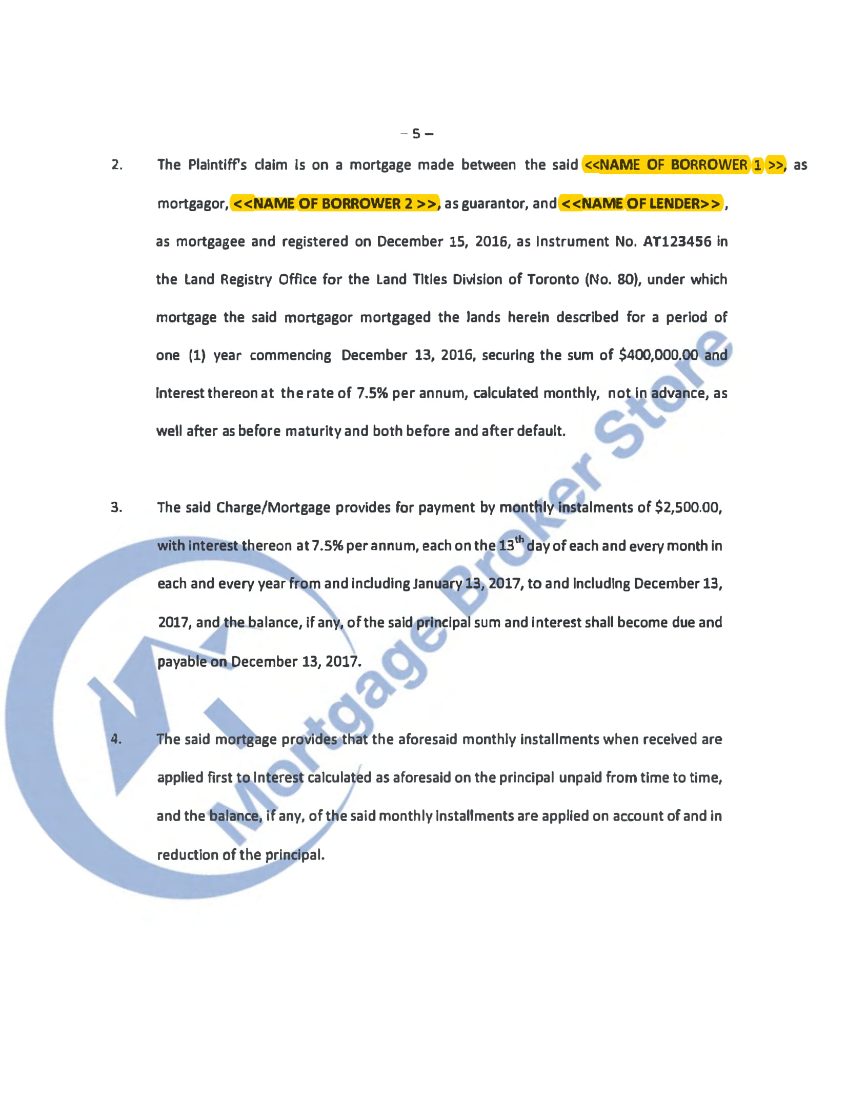 Ontario Statement of Claim Foreclosure EXAMPLE 1 Page 5