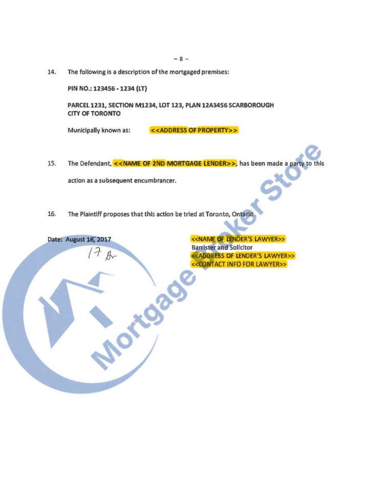 Ontario Statement of Claim Foreclosure EXAMPLE 1 Page 8