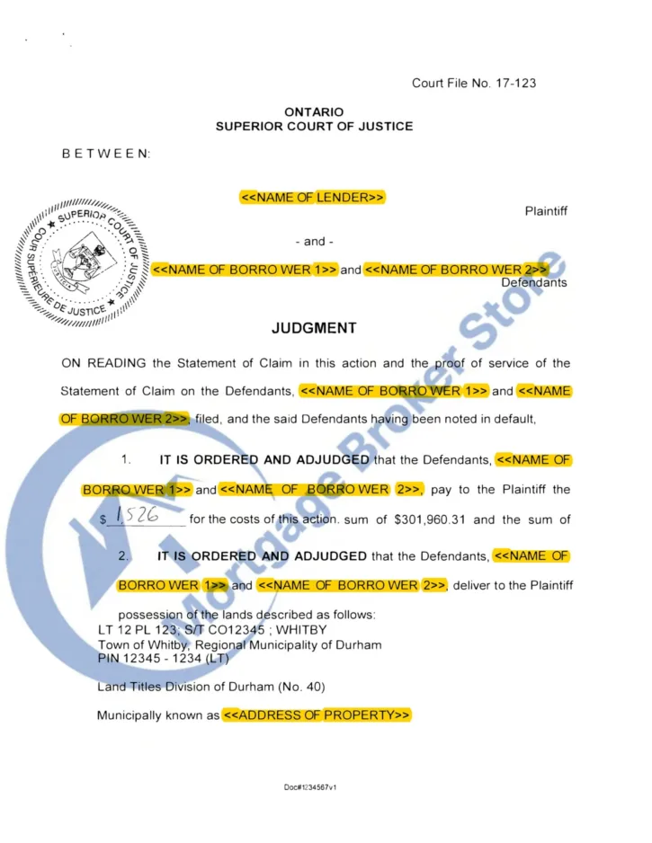 Ontario Judgement for Possession Example 1 - page 1 thumbnail