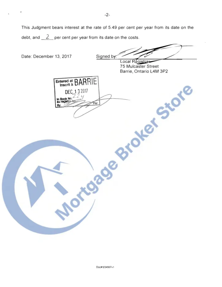 Ontario Judgement for Possession Example 1 - page 2 thumbnail
