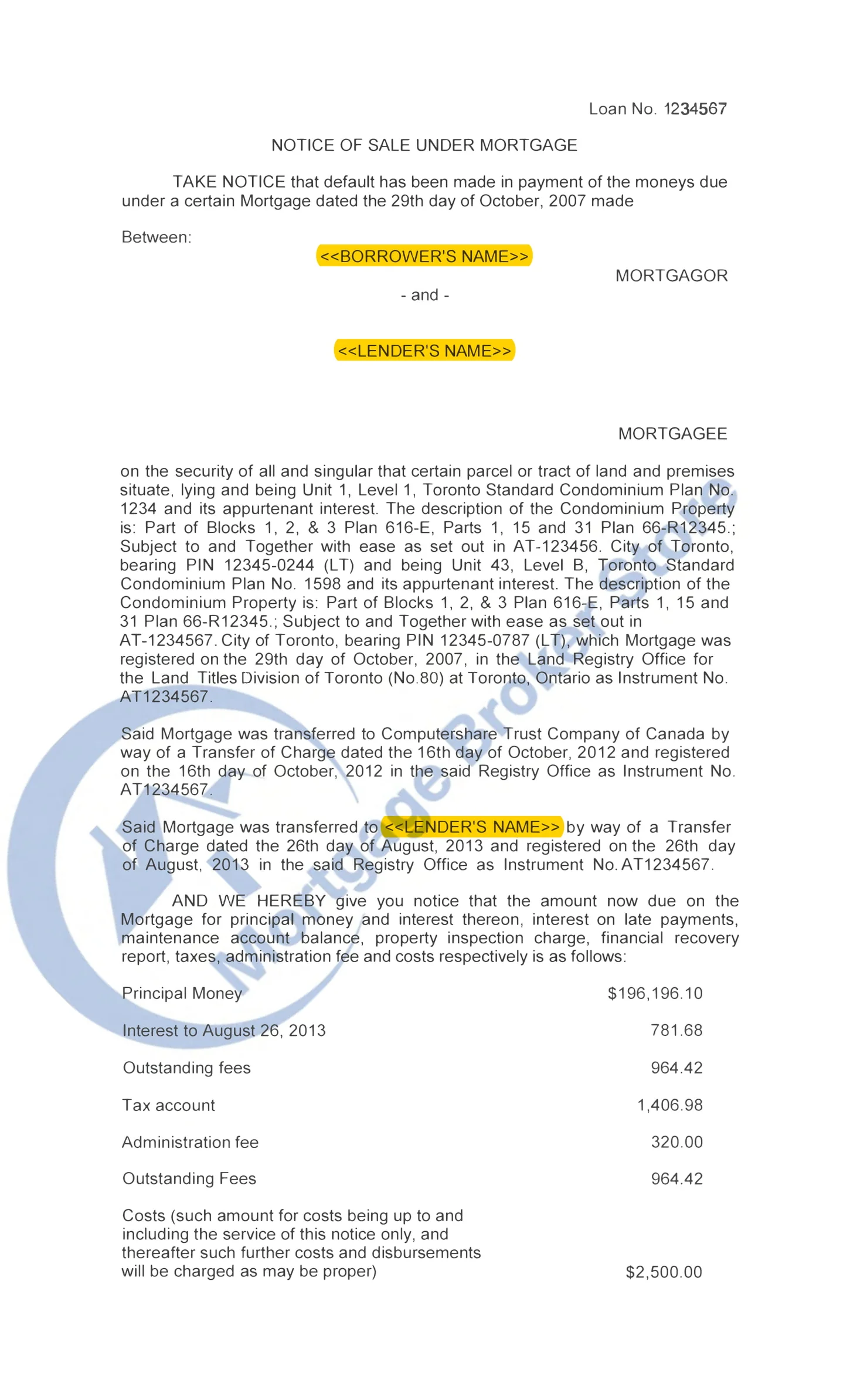 Example Notice of Sale under mortgage in Ontario, page 1