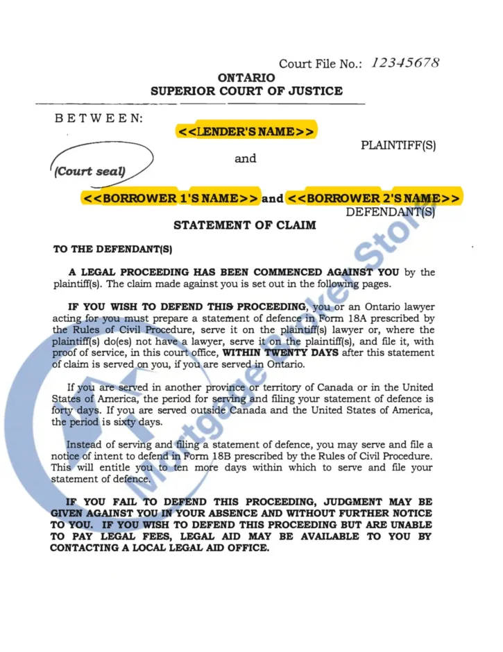 Statement of Claim in Ontario