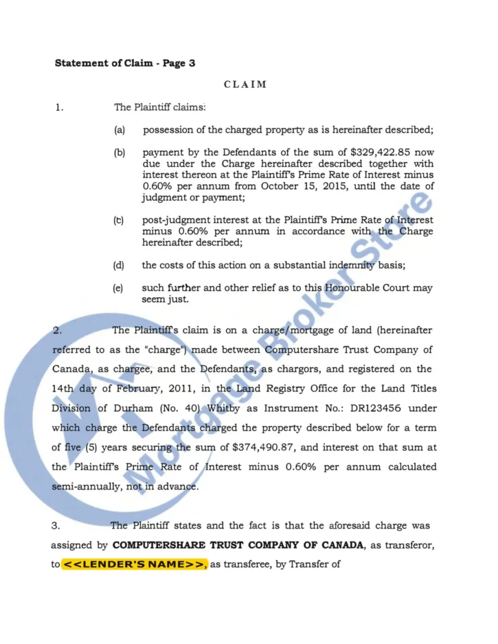 Statement of Claim in Ontario