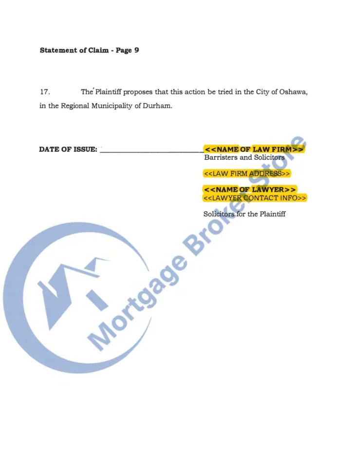 Statement of Claim in Ontario