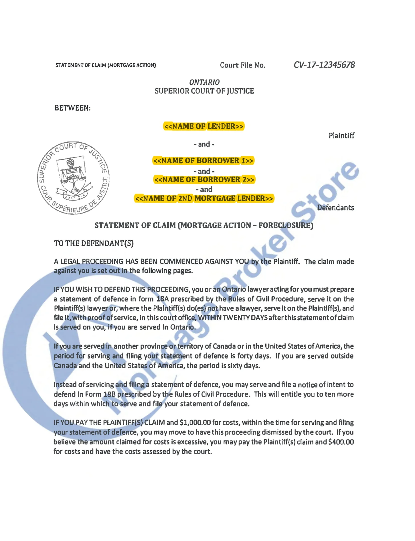 Example Ontario Statement of Claim for a foreclosure action, page 1