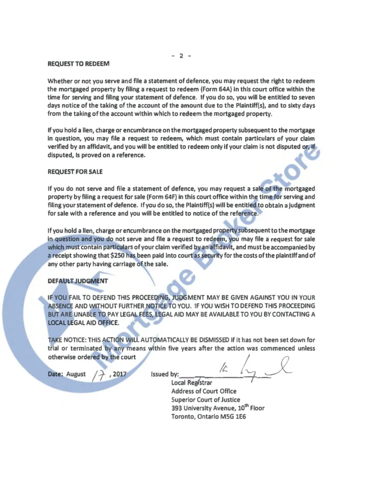 Ontario Statement of Claim Foreclosure EXAMPLE 1 Page 2