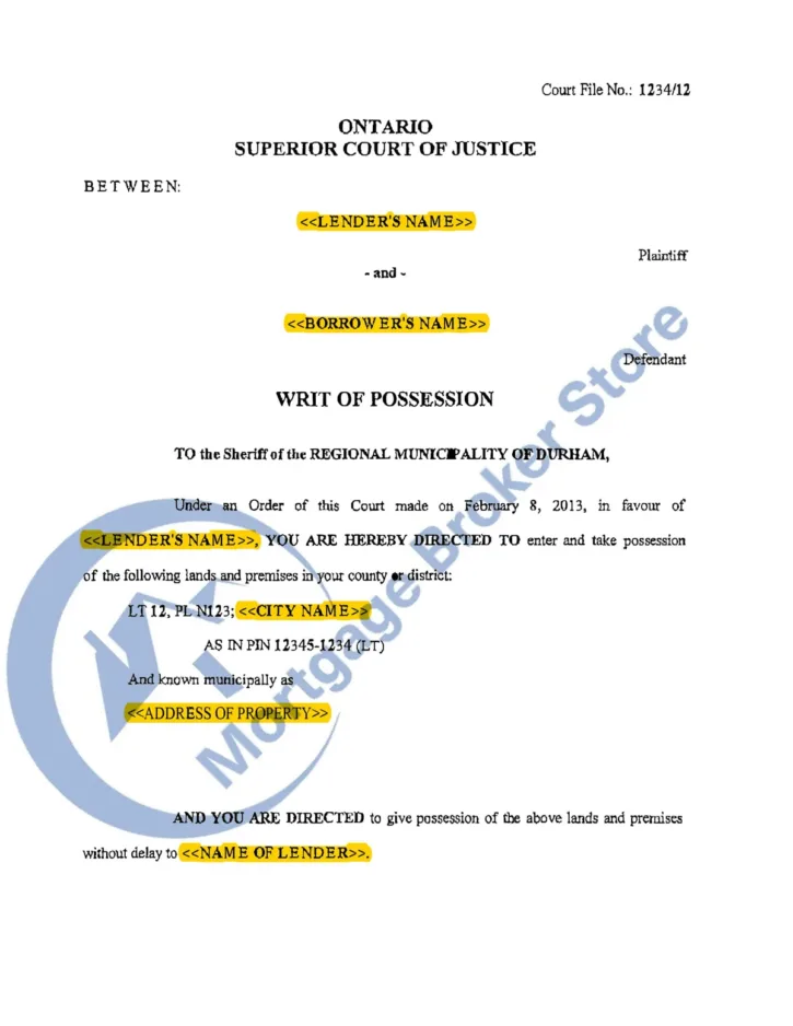 Ontario Writ of Possession Example 1 - page 1 thumbnail
